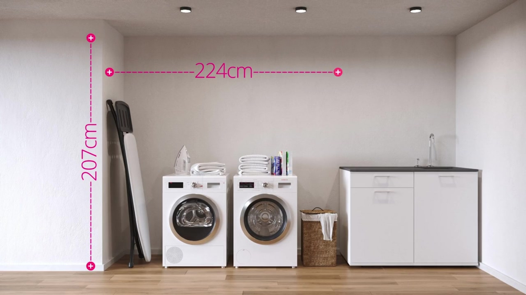 Den Hauswirtschaftsraums auszumessen ist wichtig, um den Waschmaschinenschrank dem Raum anzupassen.